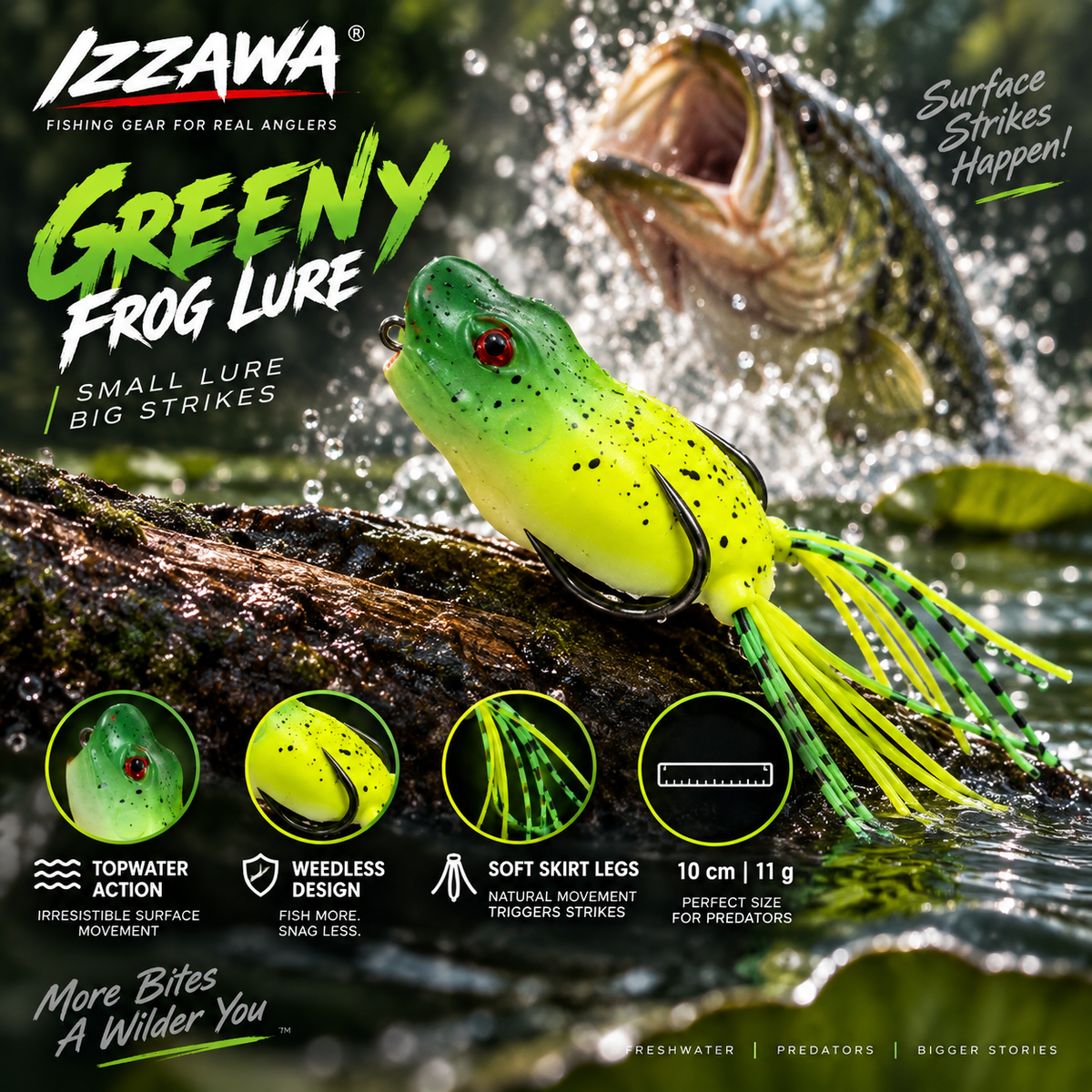 Izzawa Greeny Frog Lure topwater strike feature image