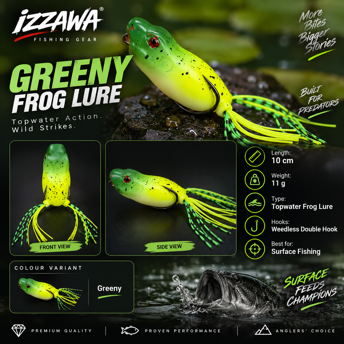 Izzawa Greeny Frog Lure specifications and colour image