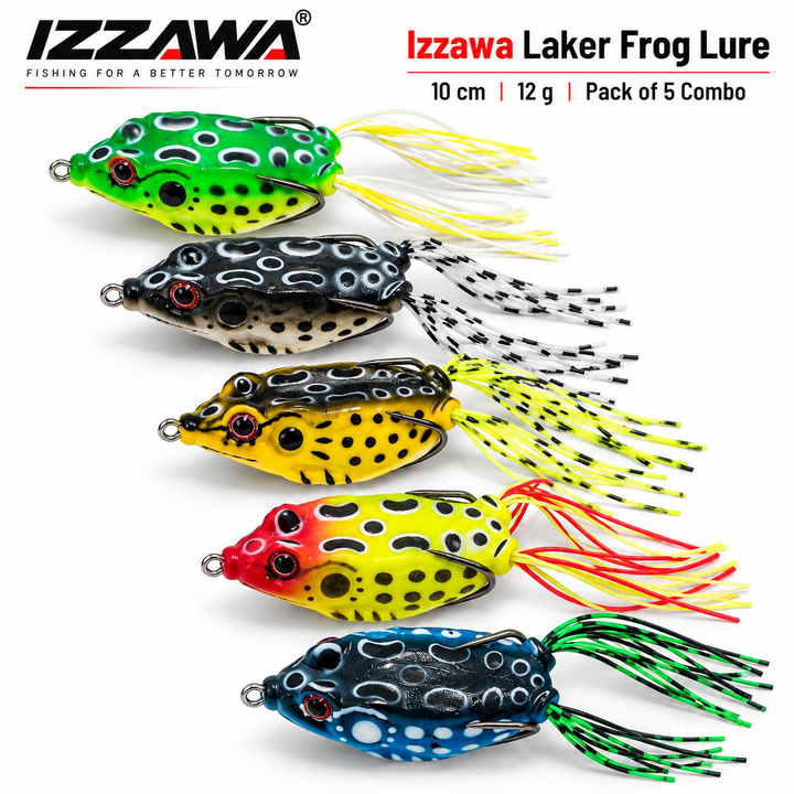 Izzawa Laker Frog Lure Pack of 5 Combo, 10 cm and 12 g each, in green, black, yellow, red and blue on a white background