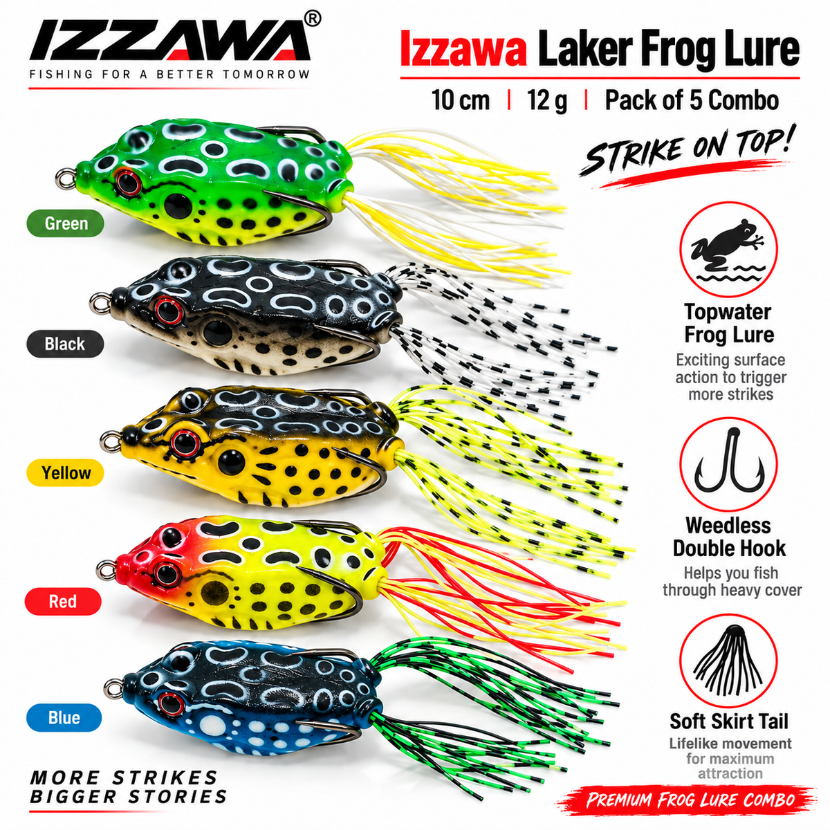 Izzawa Laker five-colour frog lure combo with Green, Black, Yellow, Red and Blue patterns, 10 cm and 12 g per lure