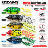 Izzawa Laker five-colour frog lure combo with Green, Black, Yellow, Red and Blue patterns, 10 cm and 12 g per lure