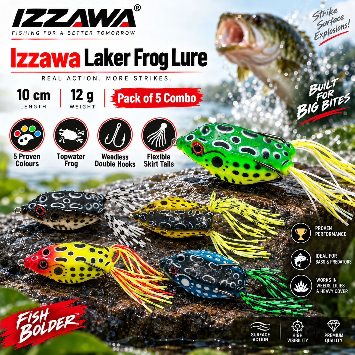 Izzawa Laker Frog Lure combo details showing body-hugging double hooks, skirt tails and five colour patterns, 10 cm and 12 g each