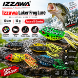 Izzawa Laker Frog Lure combo details showing body-hugging double hooks, skirt tails and five colour patterns, 10 cm and 12 g each