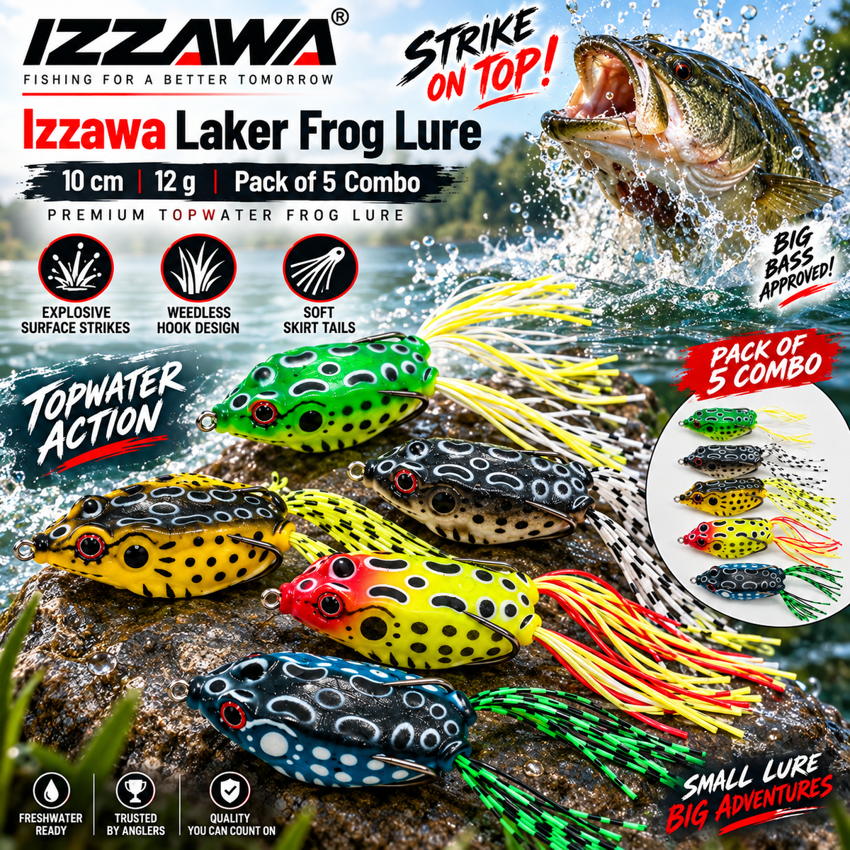 Izzawa Laker Frog Lure Pack of 5 Combo topwater fishing promotional image showing all five lure colours