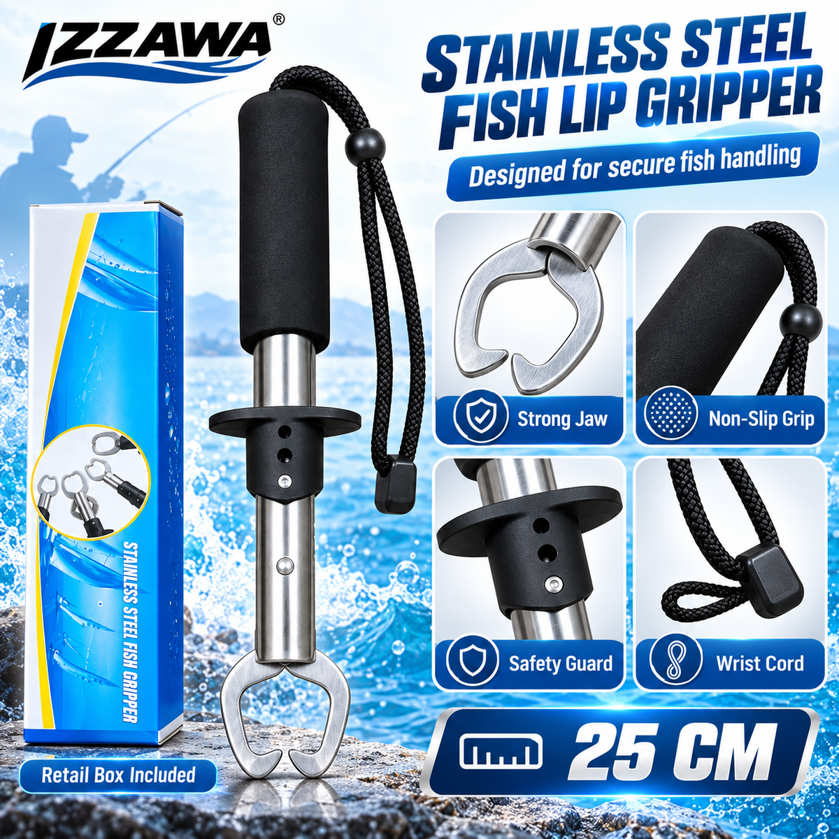 IZZAWA Fishing Lip Gripper 25cm feature details.