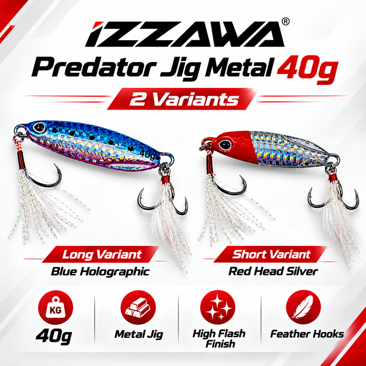 IZZAWA Predator Jig Metal 40g long and short variants.