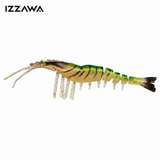 IZZAWA 13 cm shrimp soft lure in translucent brown and green striped colour, side view on white
