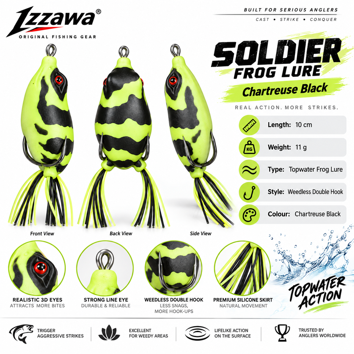 Izzawa Soldier Frog Lure Chartreuse Black specifications