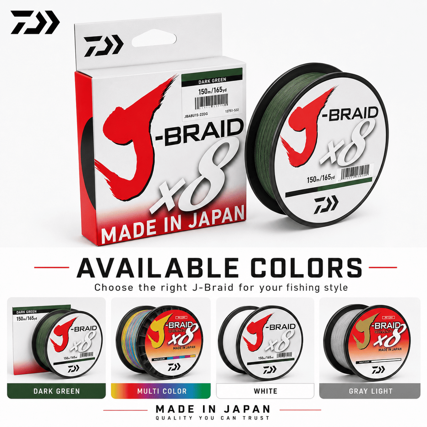 Daiwa J-Braid X8 Braided Line 100m - Multi Color