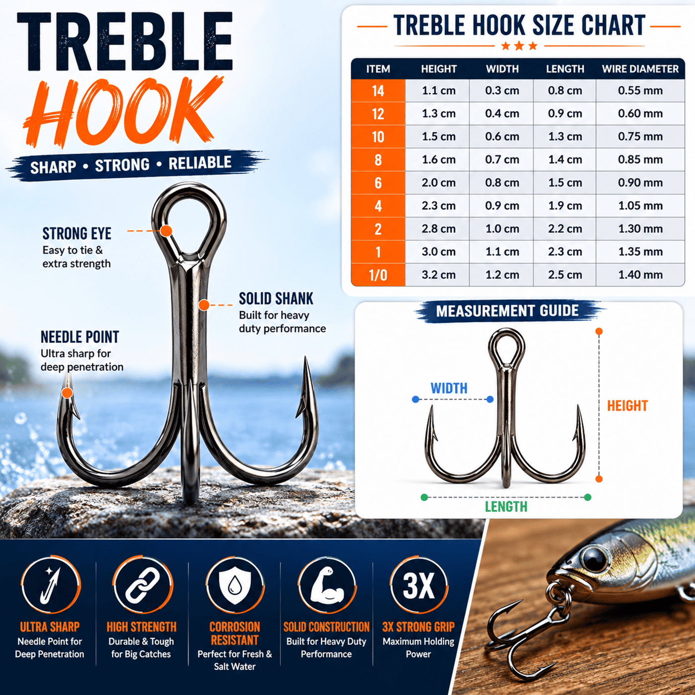 IZZAWA Treble Fishing Hooks - Pack of 10, High Carbon Steel, Black Nickel
