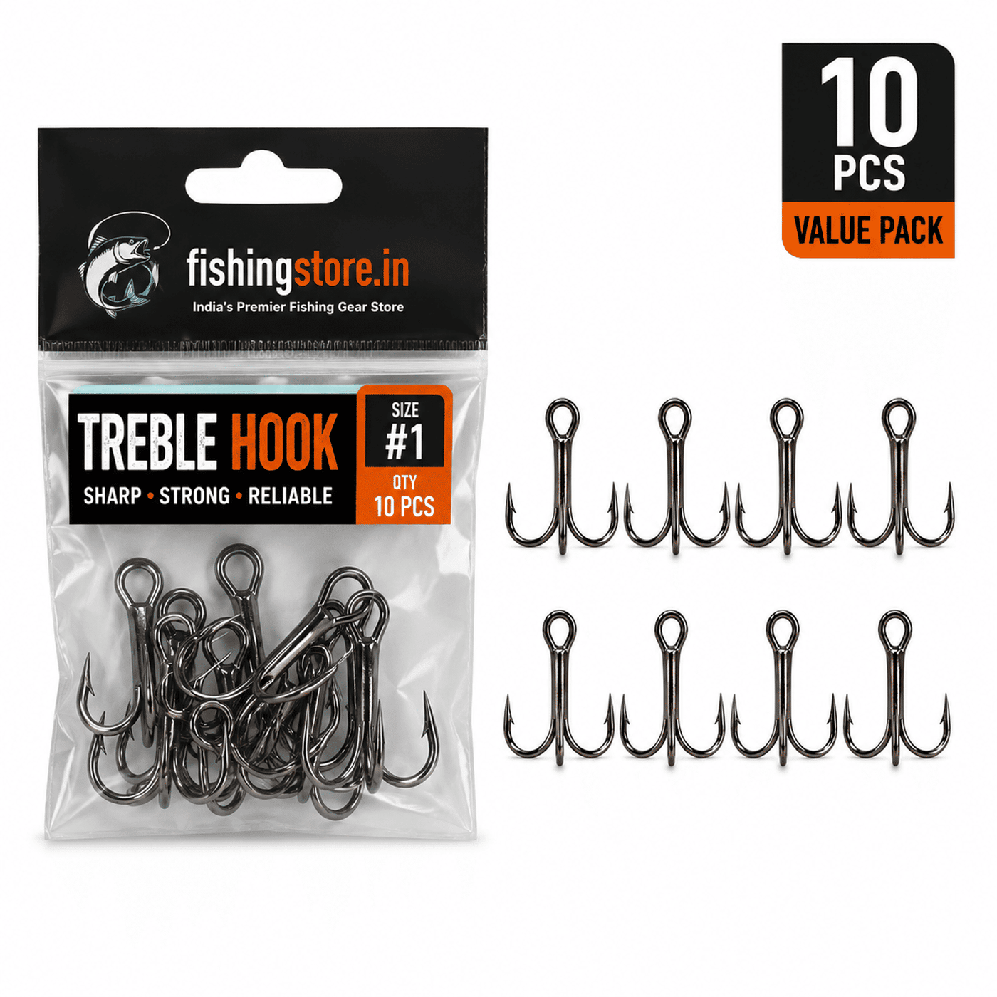 IZZAWA Treble Fishing Hooks - Pack of 10, High Carbon Steel, Black Nickel