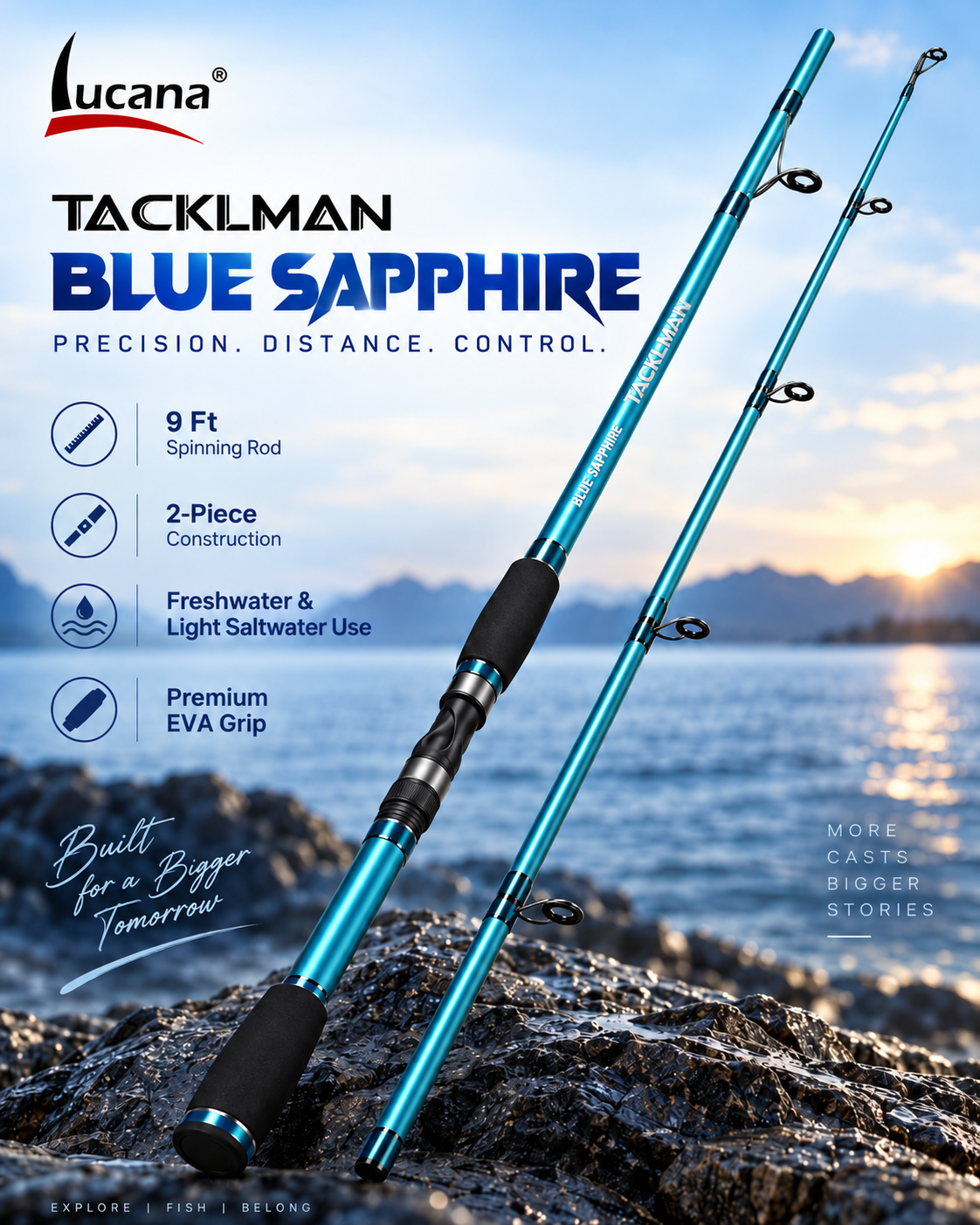 Lucana Tacklman Blue Sapphire 9 ft spinning rod coastal promotional image.