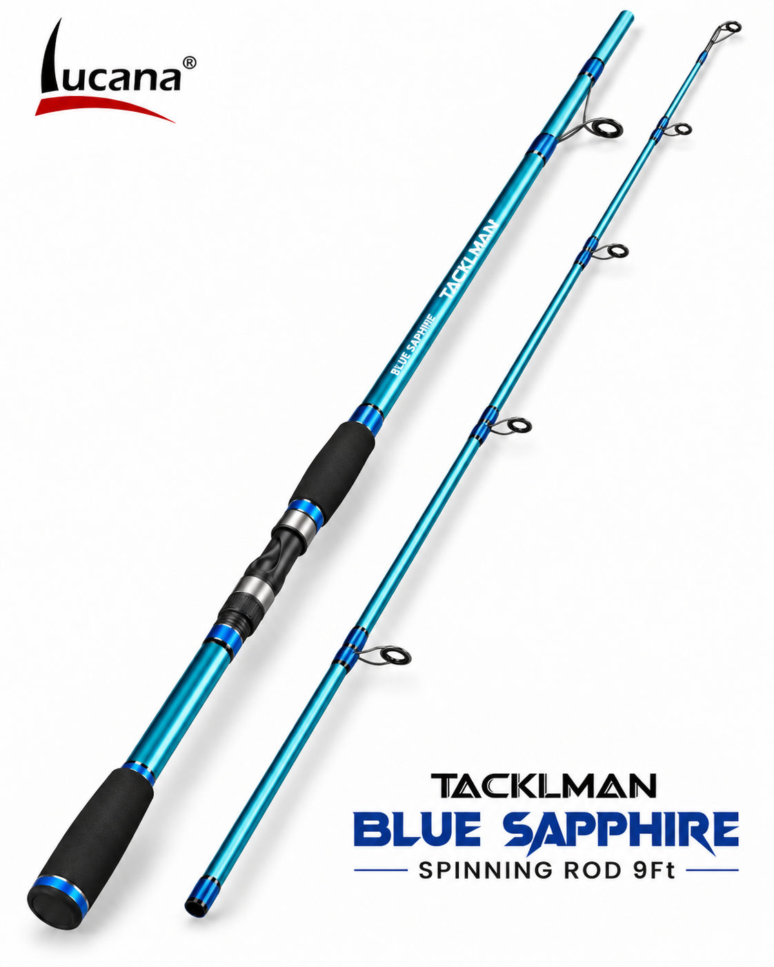 Lucana Tacklman Blue Sapphire 9 ft spinning rod main image in correct metallic blue finish.