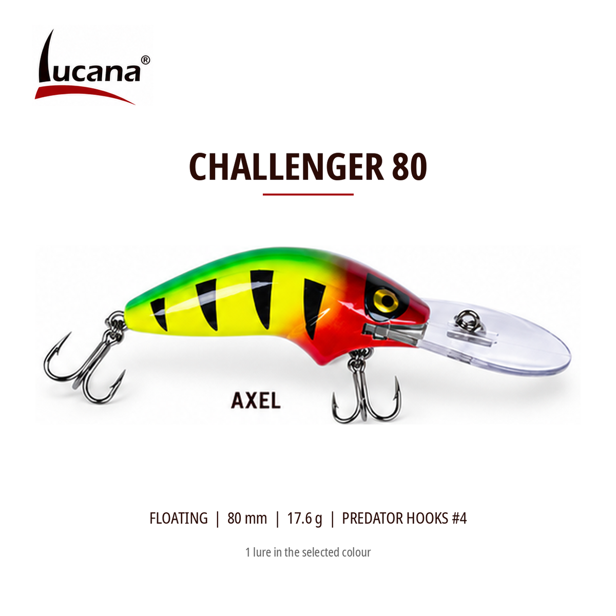 Lucana Challenger 80 Axel floating crankbait, 80 mm, 17.6 g. Green, yellow and red with dark bars.