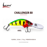 Lucana Challenger 80 Axel floating crankbait, 80 mm, 17.6 g. Green, yellow and red with dark bars.