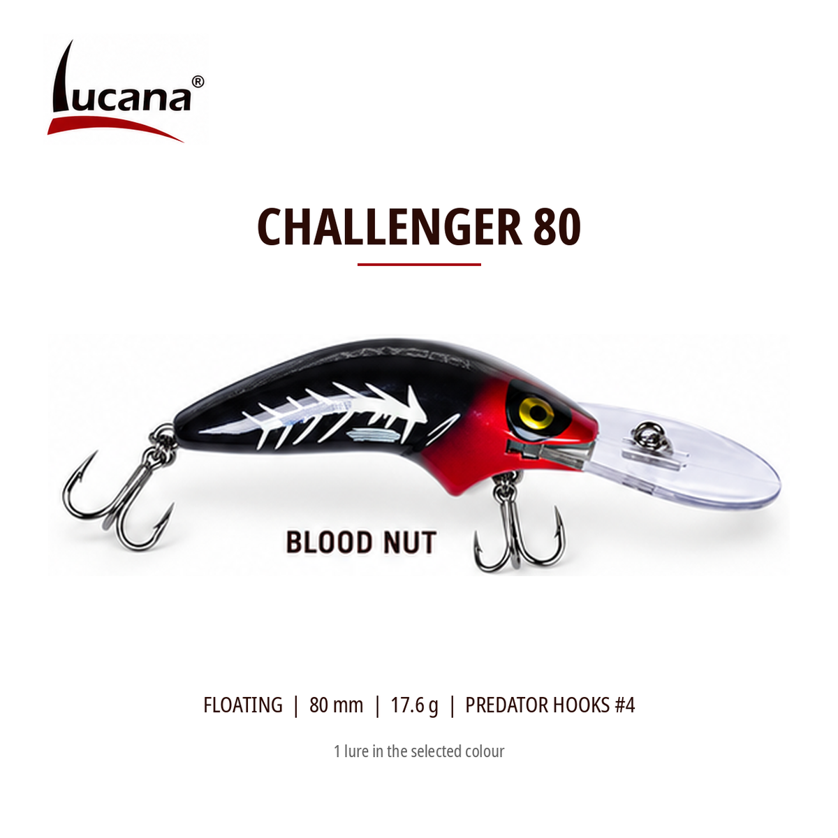 Lucana Challenger 80 Blood Nut floating crankbait, 80 mm, 17.6 g. Black and red with fishbone graphic.