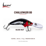 Lucana Challenger 80 Blood Nut floating crankbait, 80 mm, 17.6 g. Black and red with fishbone graphic.