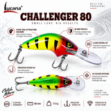 Lucana Challenger 80 features: floating, 80 mm, 17.6 g, clear diving lip and Predator #4 treble hooks. Enlarged promotional views.