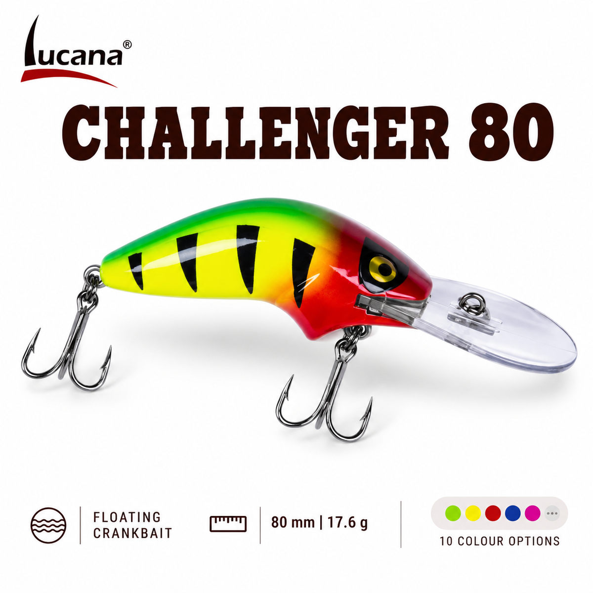 Lucana Challenger 80 Axel floating crankbait on white with Lucana logo. 80 mm, 17.6 g. One lure per purchase.