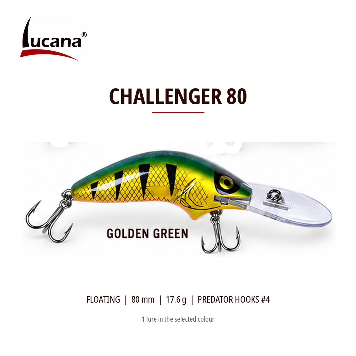Lucana Challenger 80 Golden Green floating crankbait, 80 mm, 17.6 g. Green and gold scale-patterned finish.