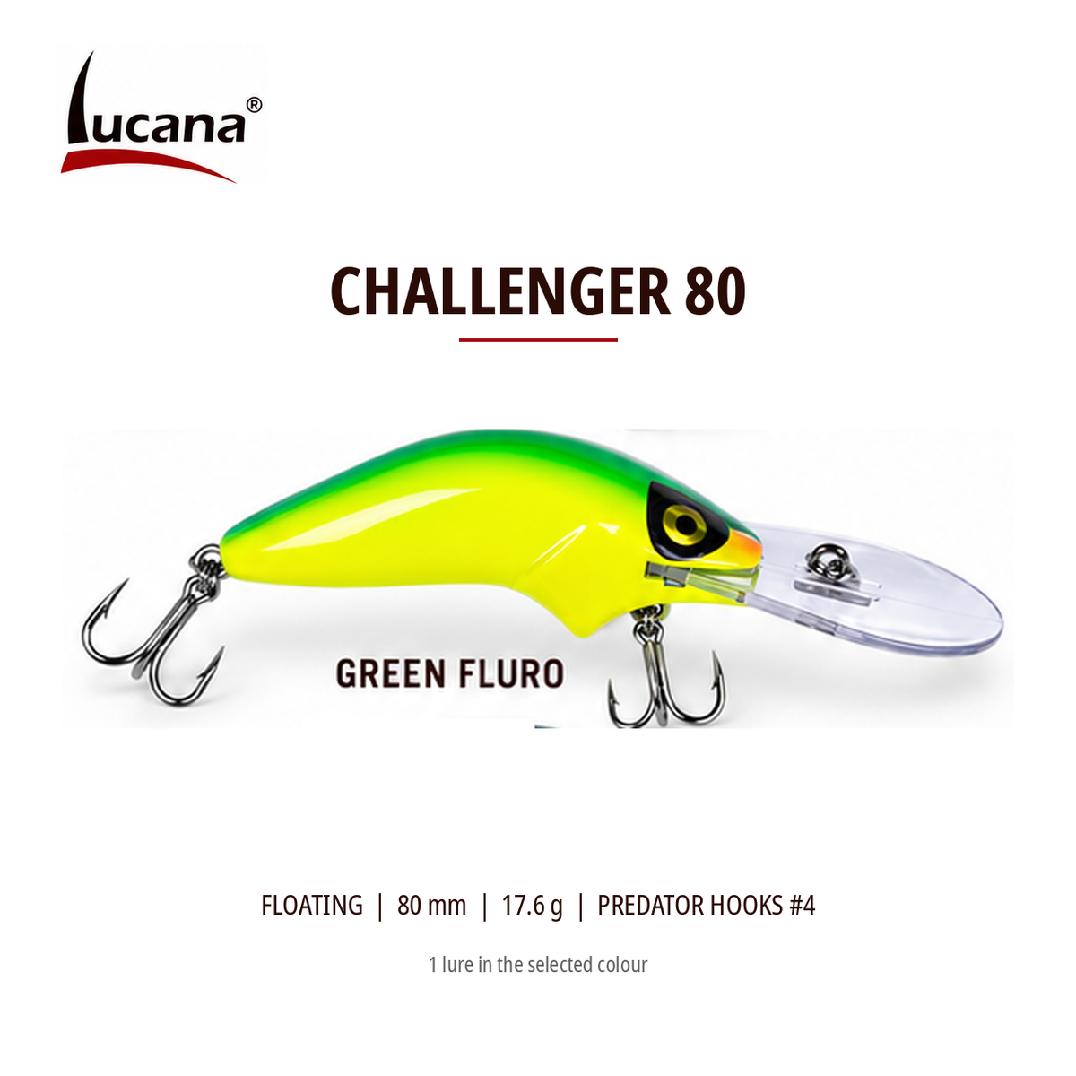Lucana Challenger 80 Green Fluro floating crankbait, 80 mm, 17.6 g. Green back and yellow-green sides.