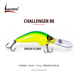 Lucana Challenger 80 Green Fluro floating crankbait, 80 mm, 17.6 g. Green back and yellow-green sides.
