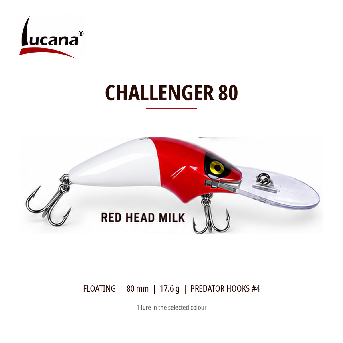 Lucana Challenger 80 Red Head Milk floating crankbait, 80 mm, 17.6 g. White body and red head.
