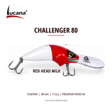 Lucana Challenger 80 Red Head Milk floating crankbait, 80 mm, 17.6 g. White body and red head.