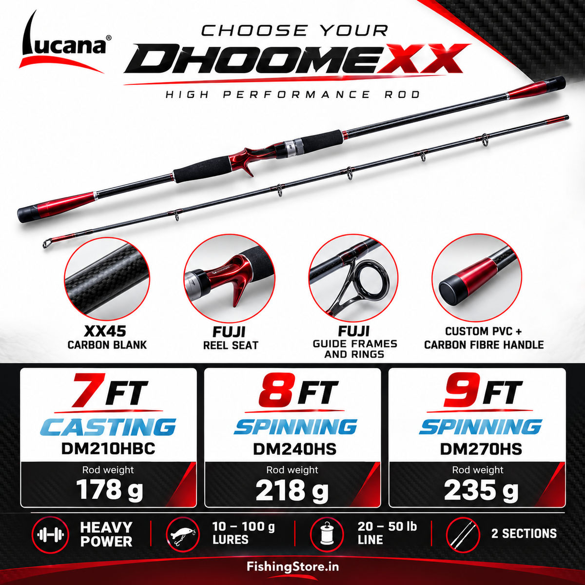 Lucana Dhoomexx 7ft casting, 8ft spinning and 9ft spinning model specifications