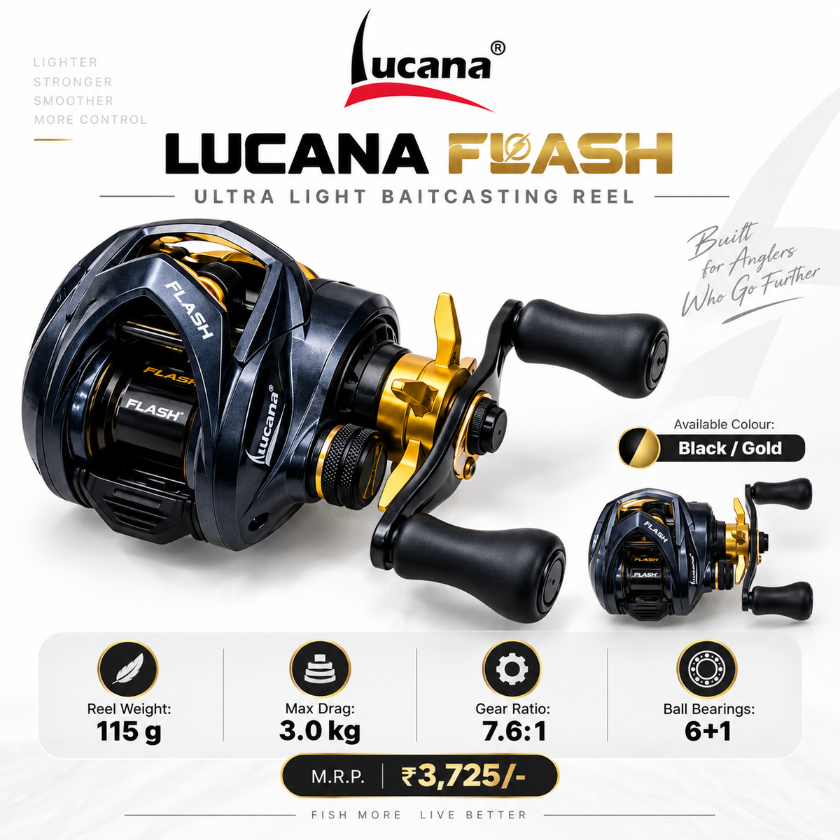 Lucana Flash Ultra Light Baitcasting Reel Black Gold specifications