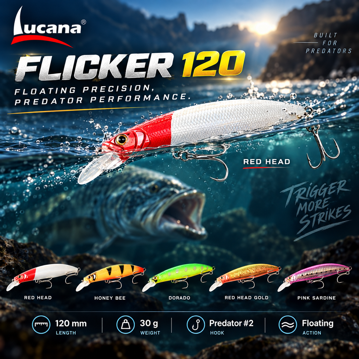 Lucana Flicker 120 promotional predator fishing image.