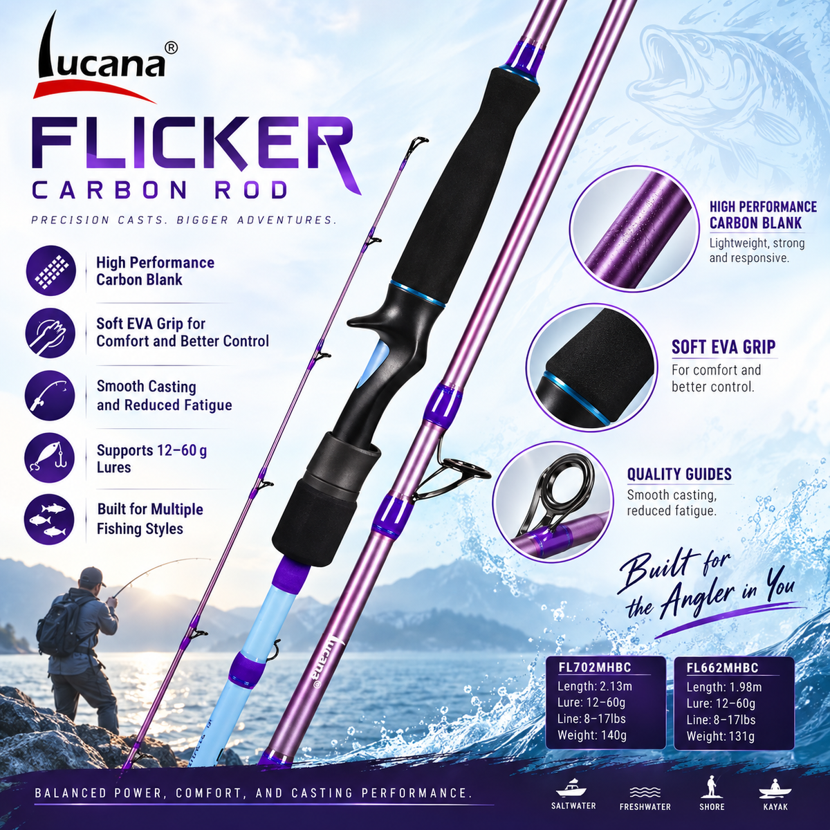 Lucana Flicker carbon blank, soft EVA grip and guide features with 12–60 g lure rating
