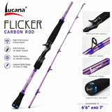 Lucana Flicker carbon baitcasting rod in metallic purple with black EVA grips on a white background