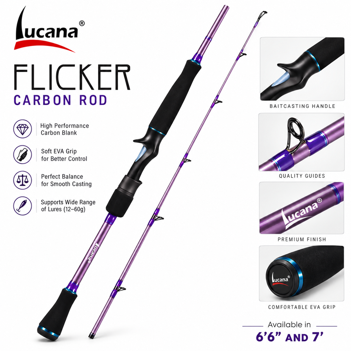 Lucana Flicker carbon baitcasting rod in metallic purple with black EVA grips on a white background