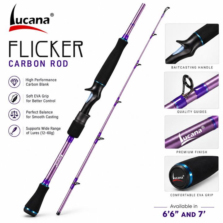 Lucana Flicker carbon baitcasting rod in metallic purple with black EVA grips on a white background