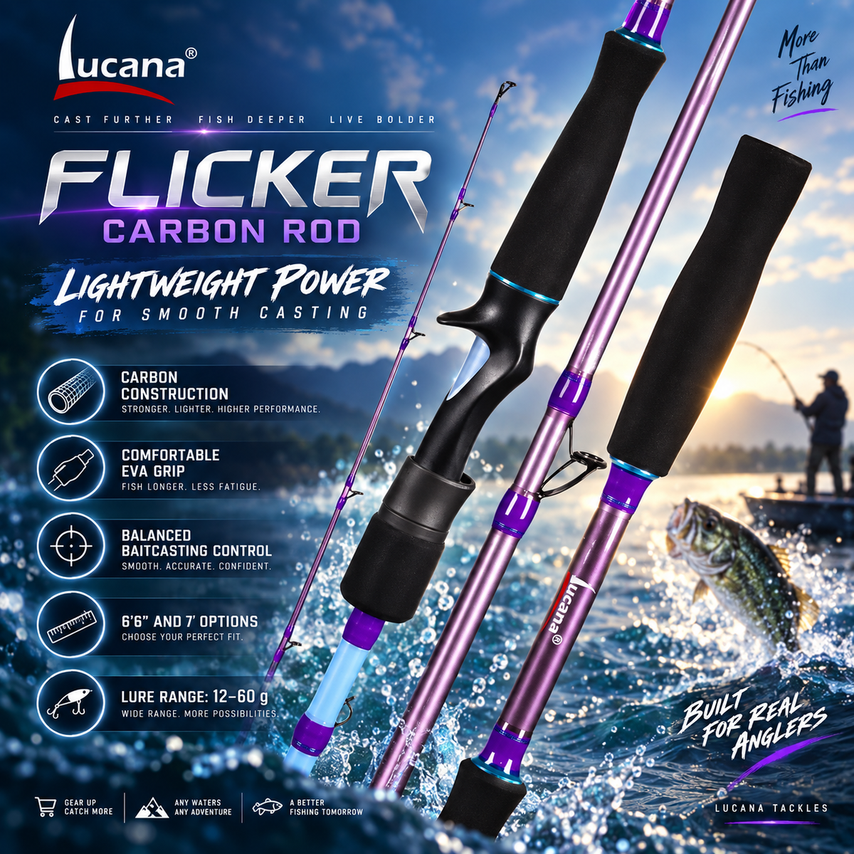 Lucana Flicker carbon baitcasting rod promotional graphic for 6 ft 6 in and 7 ft models