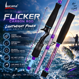 Lucana Flicker carbon baitcasting rod promotional graphic for 6 ft 6 in and 7 ft models