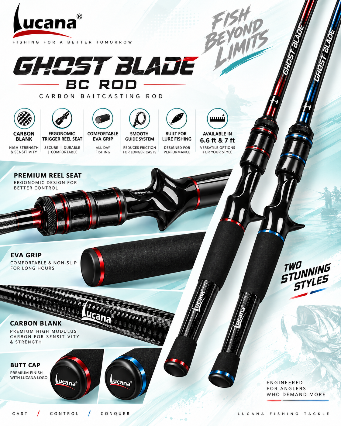 Lucana Ghost Blade BC rod trigger reel seat, EVA grip and carbon blank component details