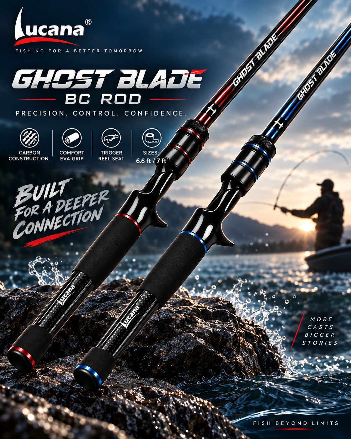 Lucana Ghost Blade baitcasting rod lifestyle promotional image with red and blue rod finishes