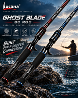 Lucana Ghost Blade baitcasting rod lifestyle promotional image with red and blue rod finishes