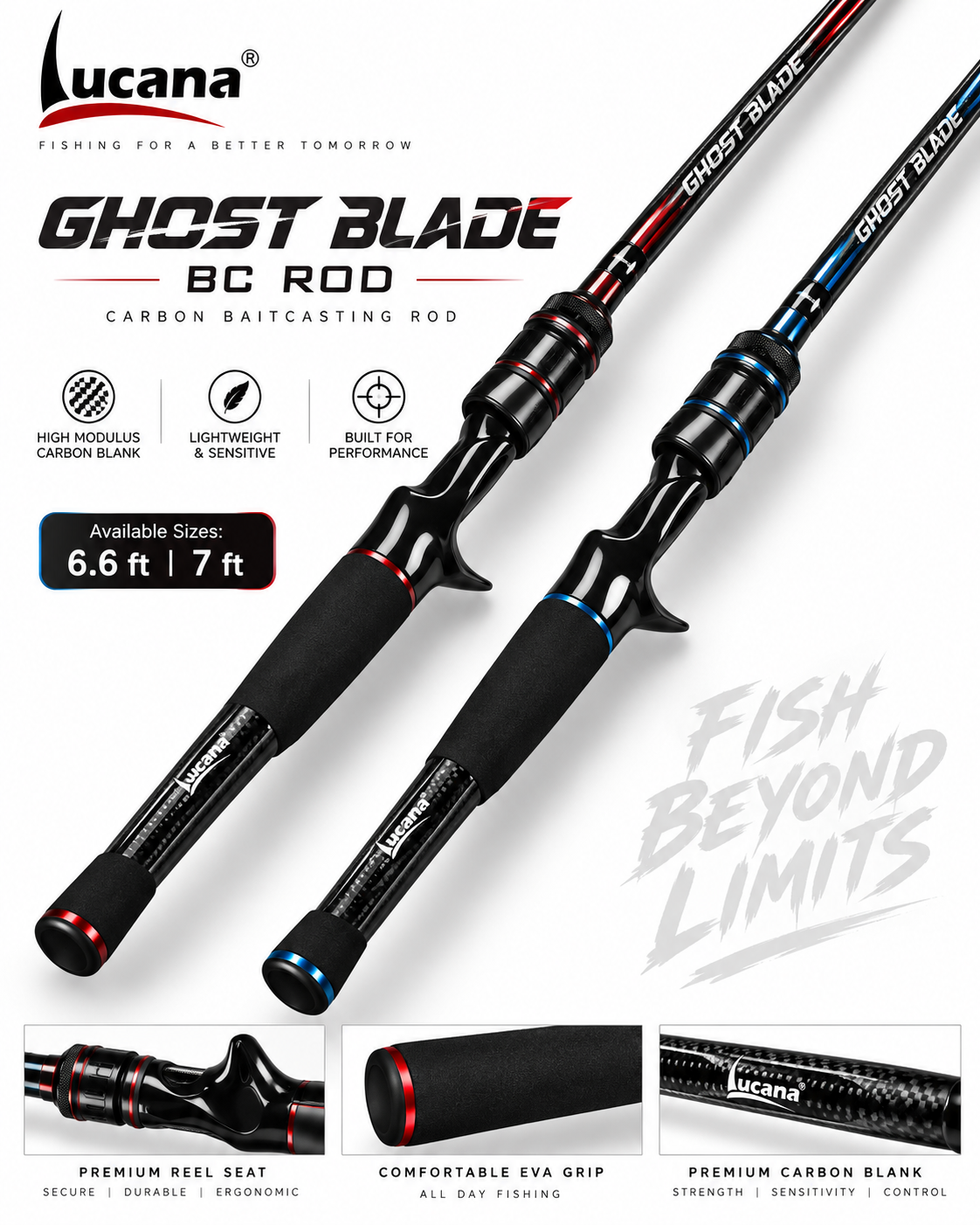 Lucana Ghost Blade carbon baitcasting rods on a white background with Lucana logo, red and blue trim, trigger reel seats and EVA grips