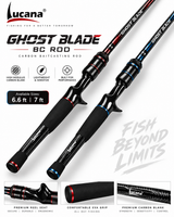 Lucana Ghost Blade carbon baitcasting rods on a white background with Lucana logo, red and blue trim, trigger reel seats and EVA grips