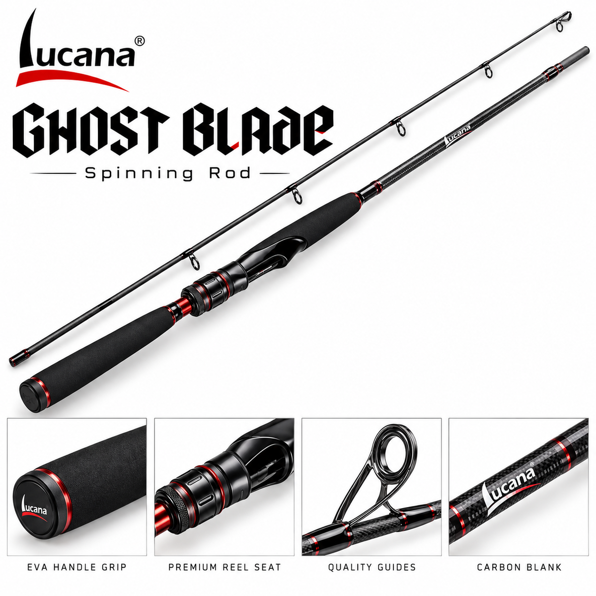 Lucana Ghost Blade spinning rod in black and red on a white background with Lucana logo and component close-ups
