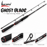 Lucana Ghost Blade spinning rod in black and red on a white background with Lucana logo and component close-ups