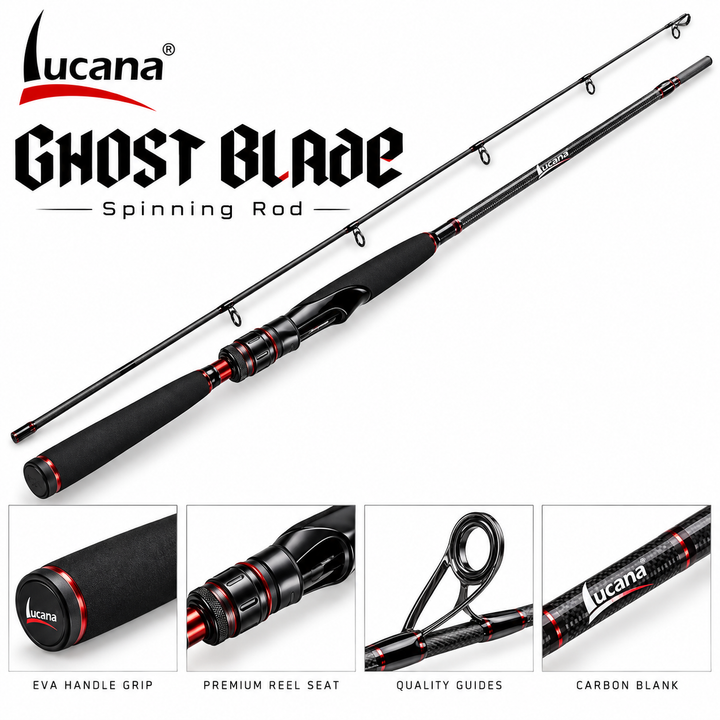 Lucana Ghost Blade spinning rod in black and red on a white background with Lucana logo and component close-ups