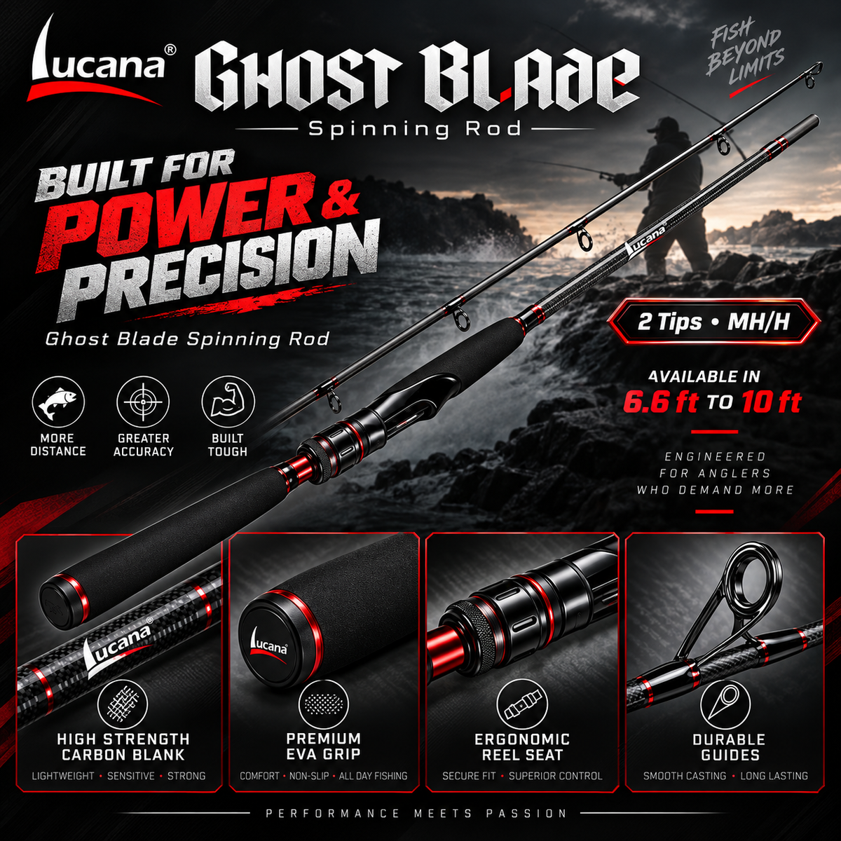 Lucana Ghost Blade spinning rod power and precision poster with carbon blank, EVA grip, reel-seat and guide details