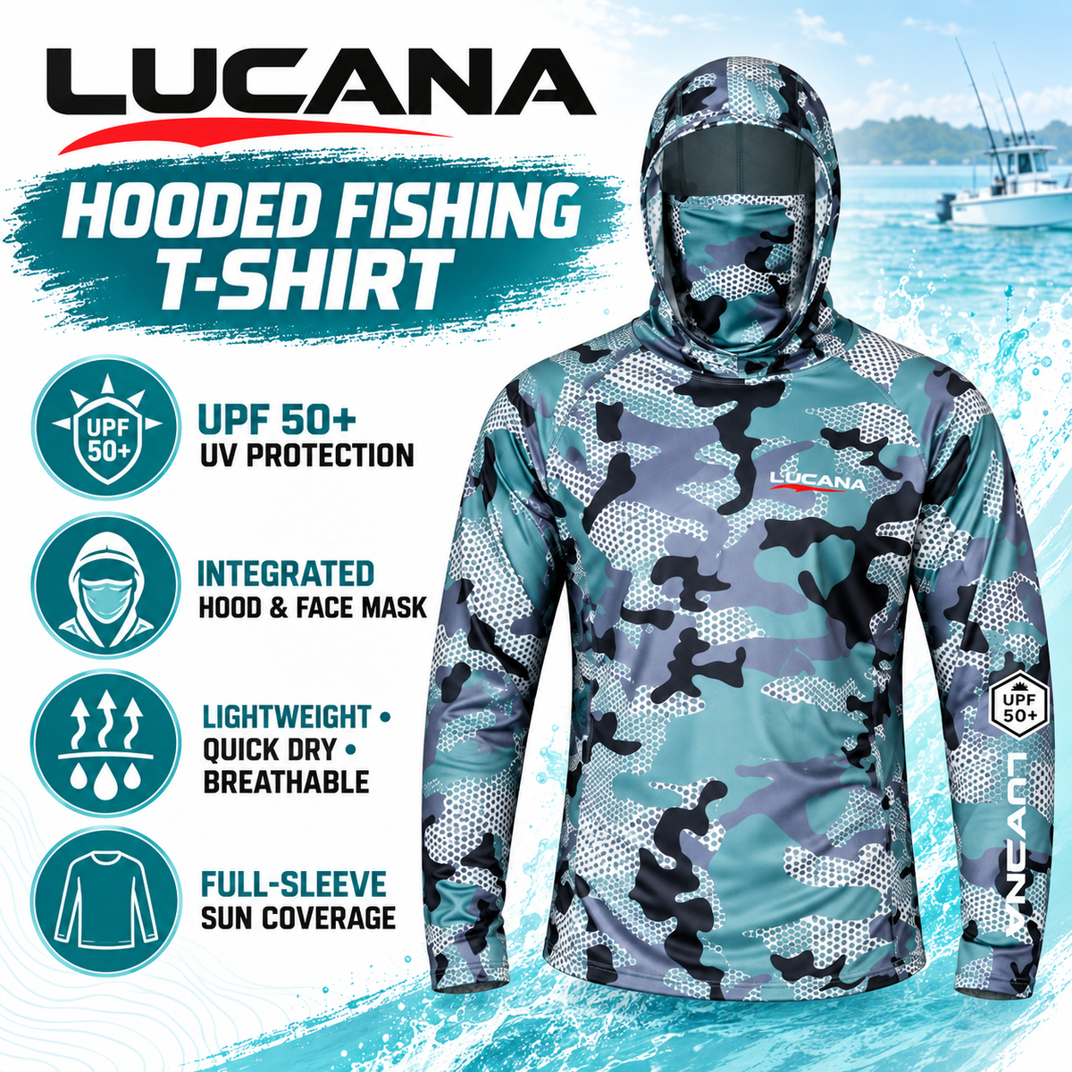 Lucana hooded fishing T-shirt UPF 50 plus features