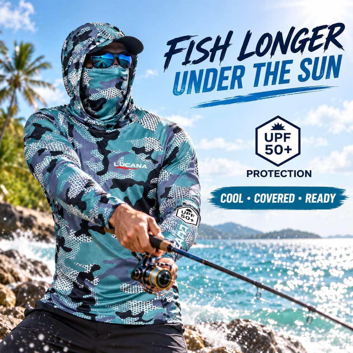 Lucana UPF 50 hooded fishing shirt worn by angler
