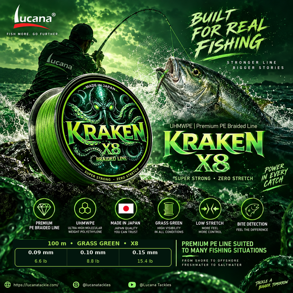 Lucana Kraken X8 Grass Green fishing-line promotional image with the three 100 m diameter options