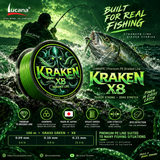 Lucana Kraken X8 Grass Green fishing-line promotional image with the three 100 m diameter options
